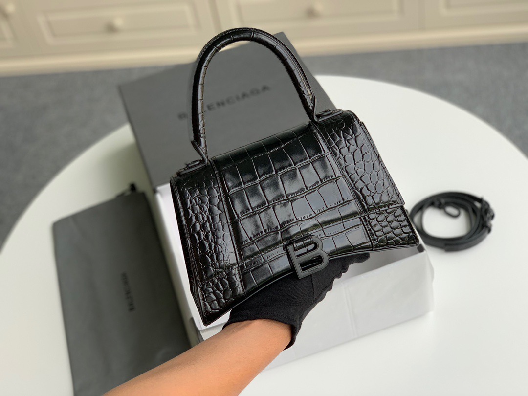 Balenciaga Hourglass Top Handle Bag in shiny crocodile embossed calfskin