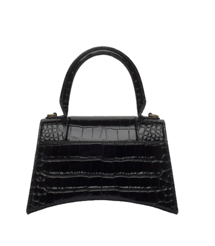 Hourglass XS/S Top Handle Bag in black shiny crocodile embossed calfskin