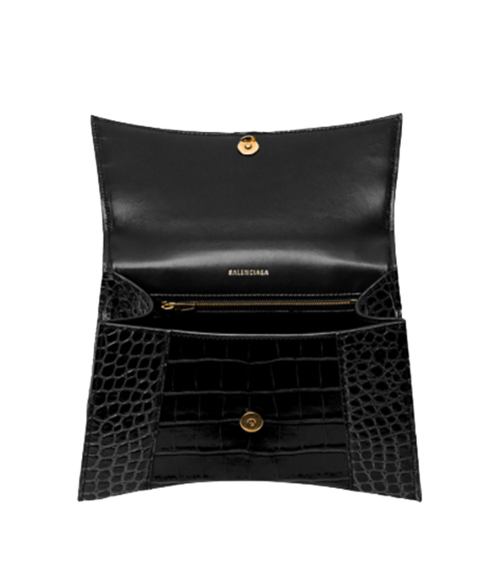 Hourglass XS/S Top Handle Bag in black shiny crocodile embossed calfskin