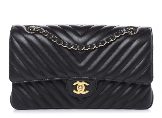  Chanel Lambskin Chevron Quilted Medium Double Flap Black