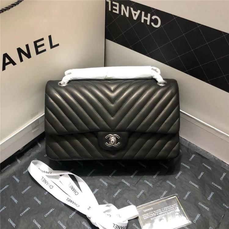  Chanel Lambskin Chevron Quilted Medium Double Flap Black