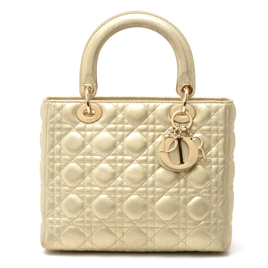 Christian Dior Soft Gold Metallic Quilted Leather Lady Dior Handbag