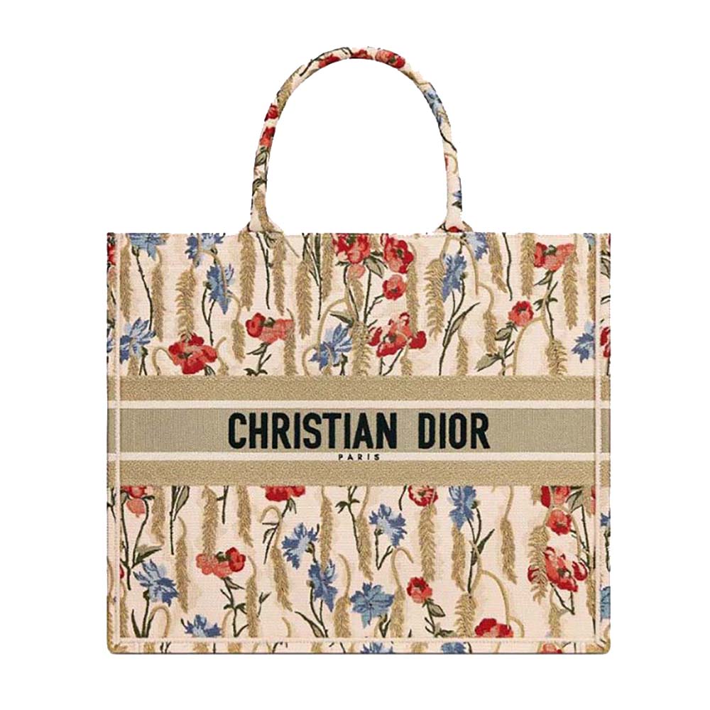 Dior Women Dior Book Tote Beige Dior Hibiscus Embroidery