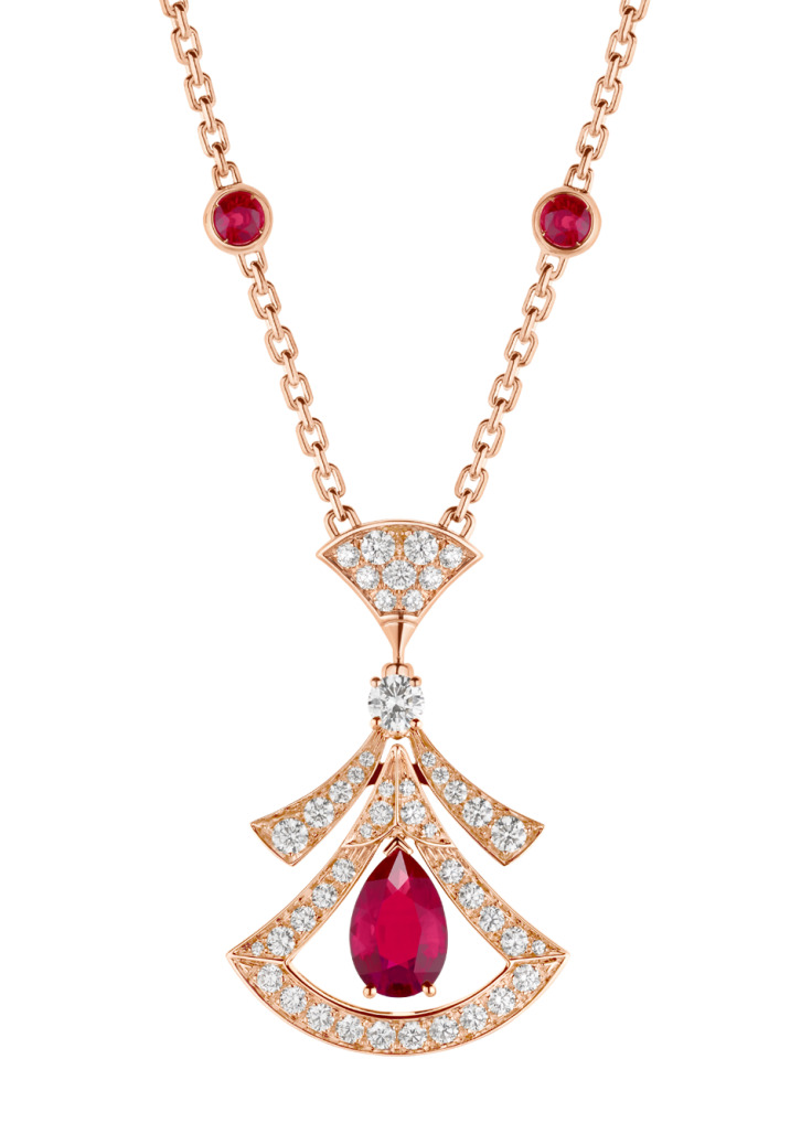 DIVAS'DREAM 18 kt rose gold openwork necklace set with a pear-shaped ruby