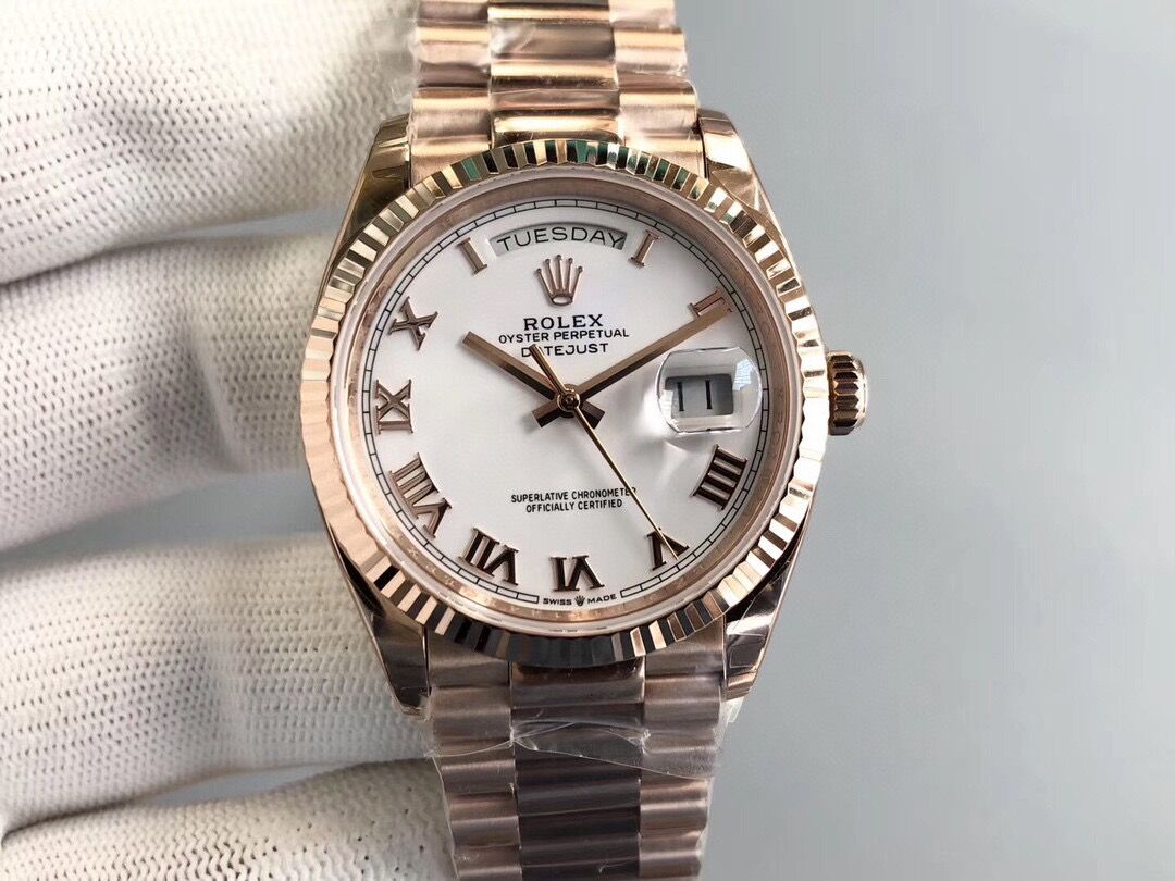 Rolex Day-Date 36 Rose Gold White Roman Dial 128238