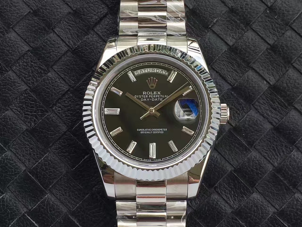 Rolex Oyster Perpetual Day-Date Black Dial Fluted Bezel