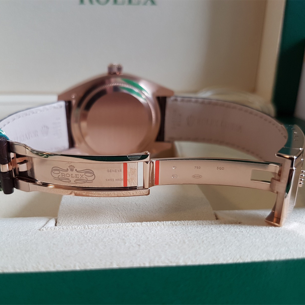 Rolex Sky-Dweller Rose Gold Dark Rhodium Index Dial Fluted Bezel Leather Strap 326135 