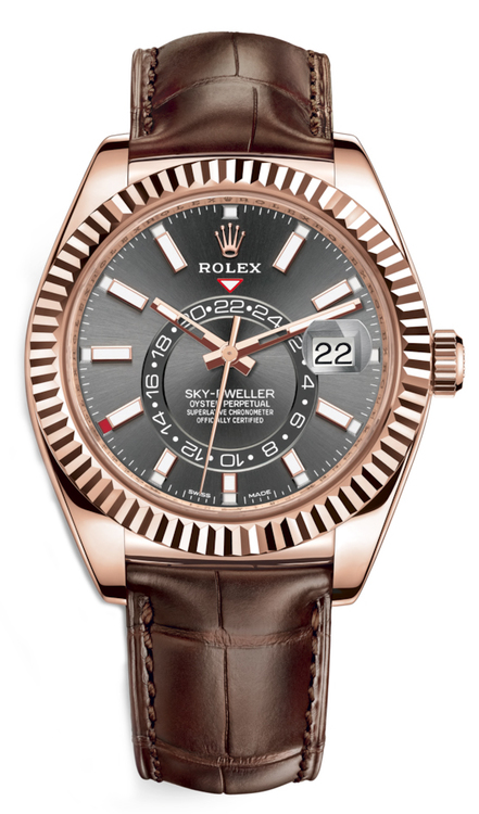 Rolex Sky-Dweller Rose Gold Dark Rhodium Index Dial Fluted Bezel Leather Strap 326135 