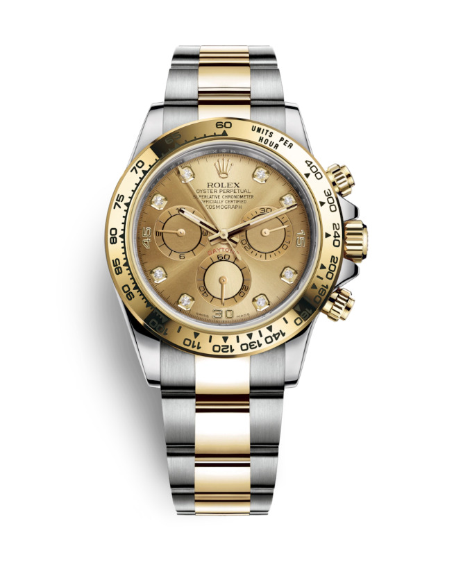 Rolex Cosmograph Daytona Golden Face Two-Tone Bracelet Watch Diamond Set Numeral 40Mm 