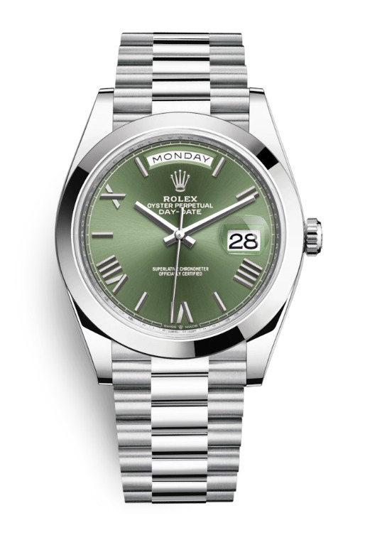 Rolex Day-Date 40 Platinum Olive Green Roman Dial & Smooth Bezel President Bracelet 228206