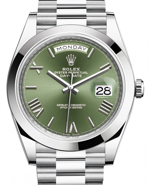 Rolex Day-Date 40 Platinum Olive Green Roman Dial & Smooth Bezel President Bracelet 228206