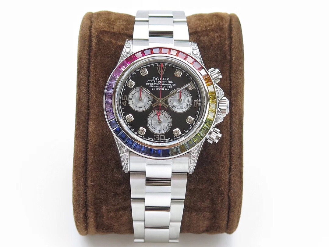 Rolex Daytona 116599 Rbow Black Diamond Multi-Colored Gem Sapphire Rainbow White Gold