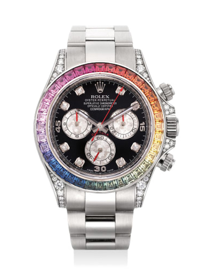 Rolex Daytona 116599 Rbow Black Diamond Multi-Colored Gem Sapphire Rainbow White Gold